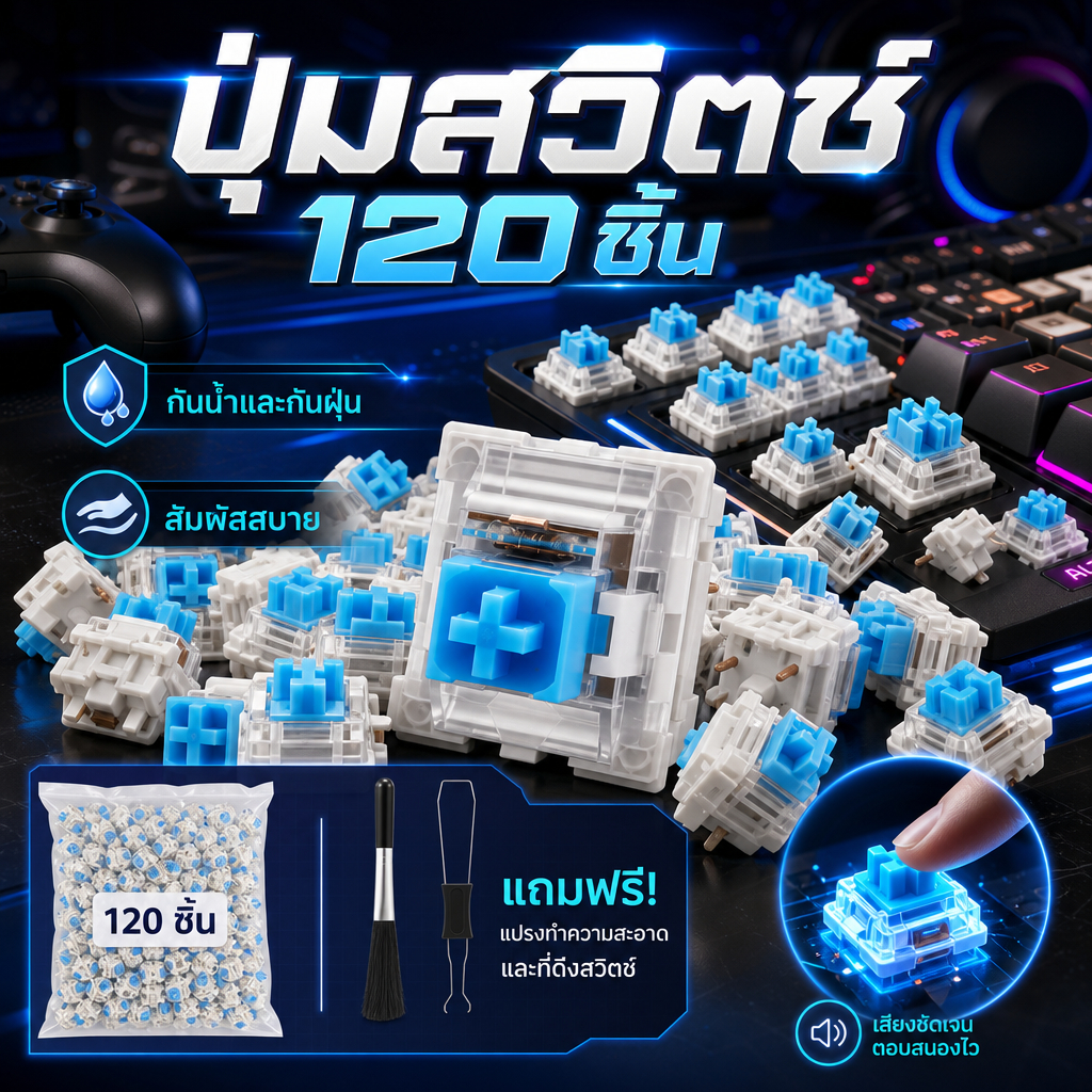 120 ชิ้น ปุ่มสวิตช์ Blue Keyboard Switches สำหรับ Mechanical Keyboard สวิตซ์คีย์บอร์ด  3 Pin