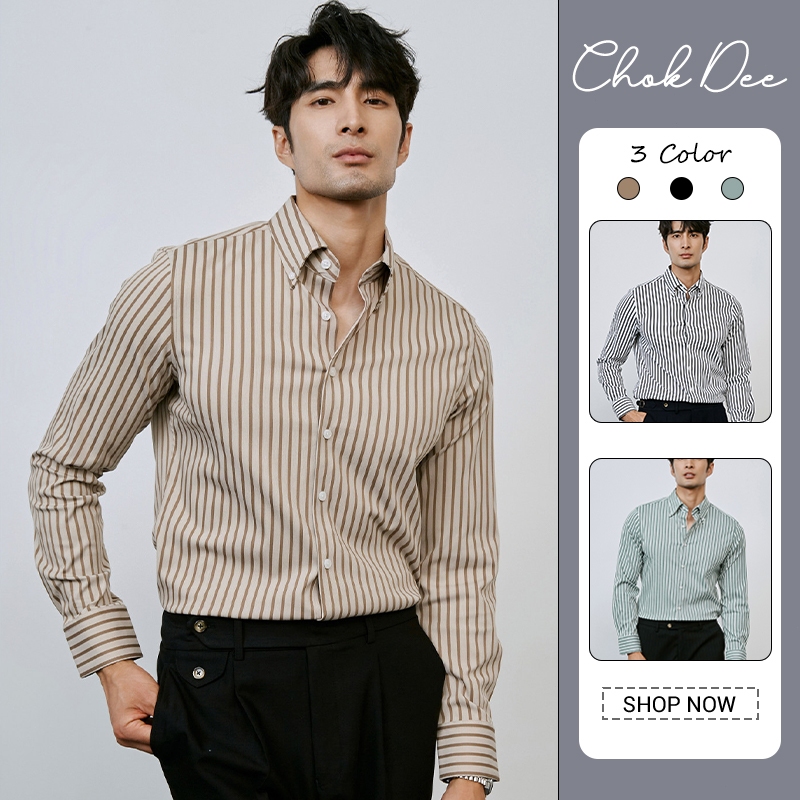 เสื้อเชิ้ตธุรกิจลายทางผู้ชาย ผ้าตั้งดีไม่ยับง่าย ใส่สบายระบายอากาศดี สไตล์ผู้ใหญ่สวมใส่ได้ทุกโอกาส