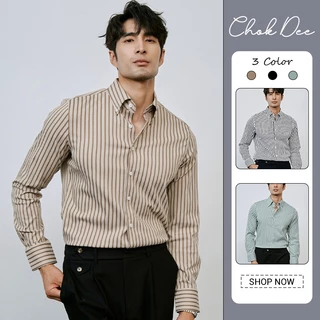 เสื้อเชิ้ตแขนยาวผู้ชาย ลายทางแนวตั้ง ผ้าหล่นไม่ยับ ใส่ทำงานลำลองได้ มี 3 สีให้เลือก