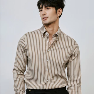 เสื้อเชิ้ตแขนยาวผู้ชาย ลายทางแนวตั้ง ผ้าหล่นไม่ยับ ใส่ทำงานลำลองได้ มี 3 สีให้เลือก