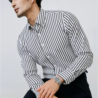 เสื้อเชิ้ตแขนยาวผู้ชาย ลายทางแนวตั้ง ผ้าหล่นไม่ยับ ใส่ทำงานลำลองได้ มี 3 สีให้เลือก