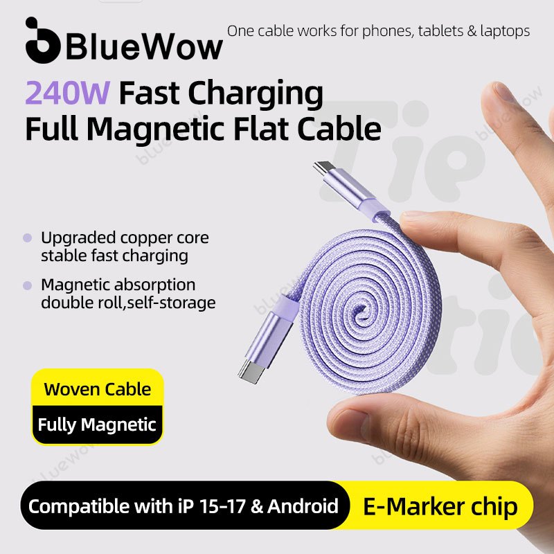 BlueWow 240W Magnetic Fast Charger CABLE Type C ถึง Type C Fast Charging สายเคเบิลข้อมูลรถยนต์สายไฟ 1M
