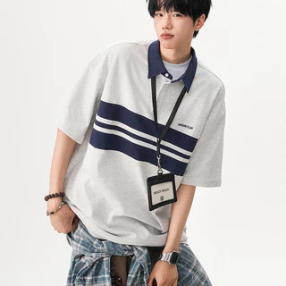 เสื้อโปโลชาย แขนสั้นลายขวางสองสี ทรงโอเวอร์ไซส์ สไตล์เกาหลี ผ้าสบายระบายอากาศ สำหรับใส่ลำลองประจำวัน