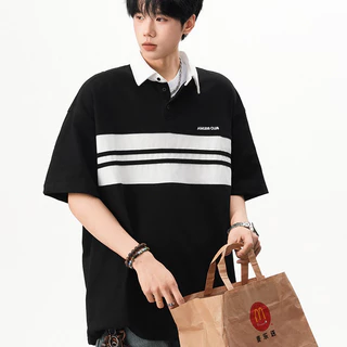 เสื้อโปโลชาย แขนสั้นลายขวางสองสี ทรงโอเวอร์ไซส์ สไตล์เกาหลี ผ้าสบายระบายอากาศ สำหรับใส่ลำลองประจำวัน