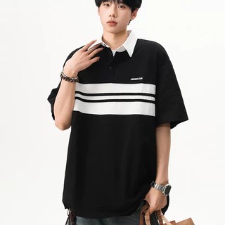 เสื้อโปโลชาย แขนสั้นลายขวางสองสี ทรงโอเวอร์ไซส์ สไตล์เกาหลี ผ้าสบายระบายอากาศ สำหรับใส่ลำลองประจำวัน