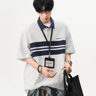 เสื้อโปโลชาย แขนสั้นลายขวางสองสี ทรงโอเวอร์ไซส์ สไตล์เกาหลี ผ้าสบายระบายอากาศ สำหรับใส่ลำลองประจำวัน