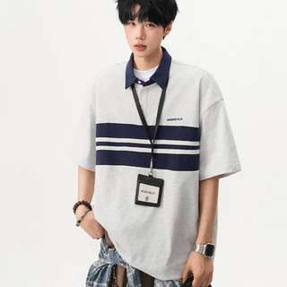 เสื้อโปโลชาย แขนสั้นลายขวางสองสี ทรงโอเวอร์ไซส์ สไตล์เกาหลี ผ้าสบายระบายอากาศ สำหรับใส่ลำลองประจำวัน