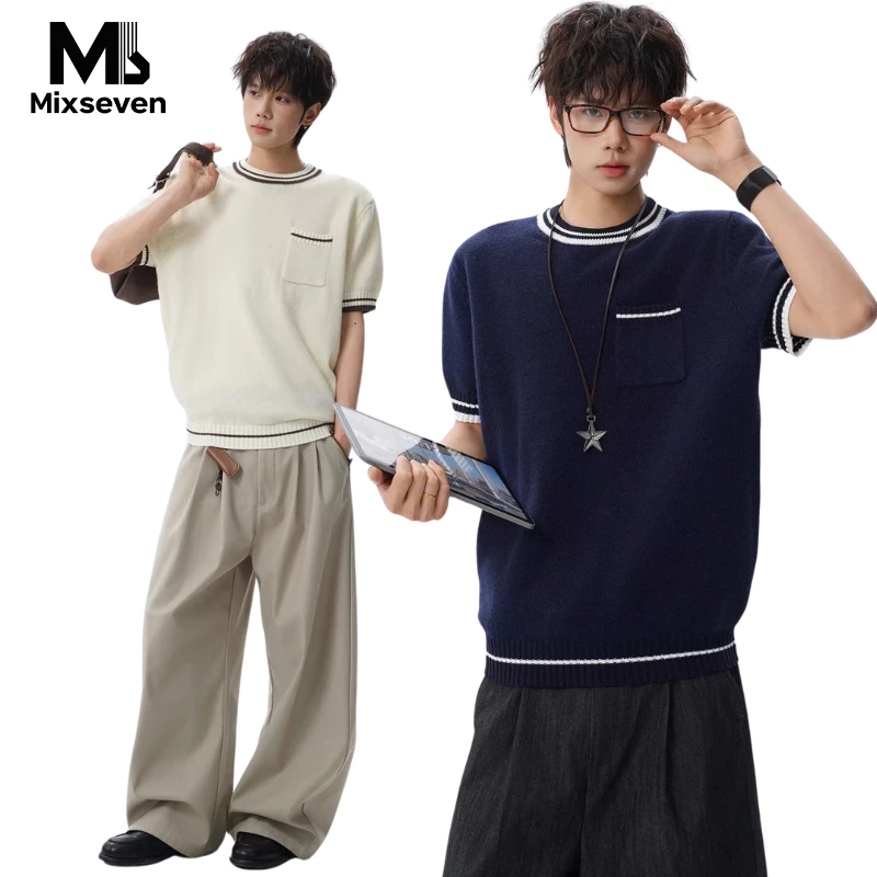 MIXSEVEN เสื้อผู้ชายแขนสั้นไหมพรมสีน้ำเงิน คอปกขาว มีกระเป๋าใบข้าง สไตล์เกาหลี ใส่งานได้ทุกโอกาส