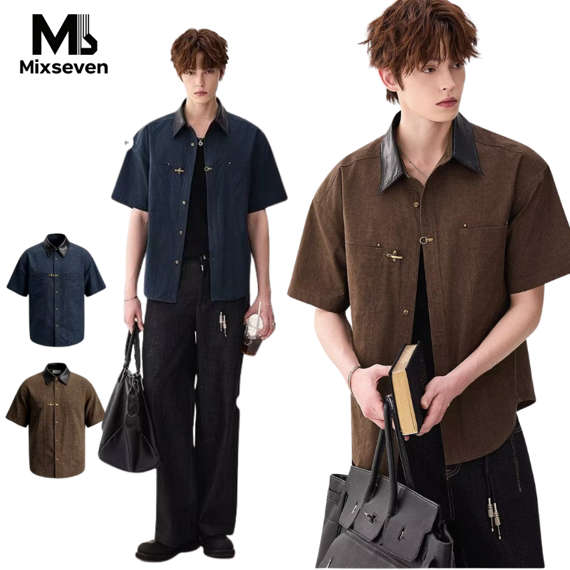 MIXSEVEN เสื้อเชิ้ตแขนสั้นผู้ชาย คอหนังเทียม สีน้ำตาล สไตล์เรโทร ผ้าคอร์ดูรอย แฟชั่นฮิต ทรงหลวมใส่สบาย