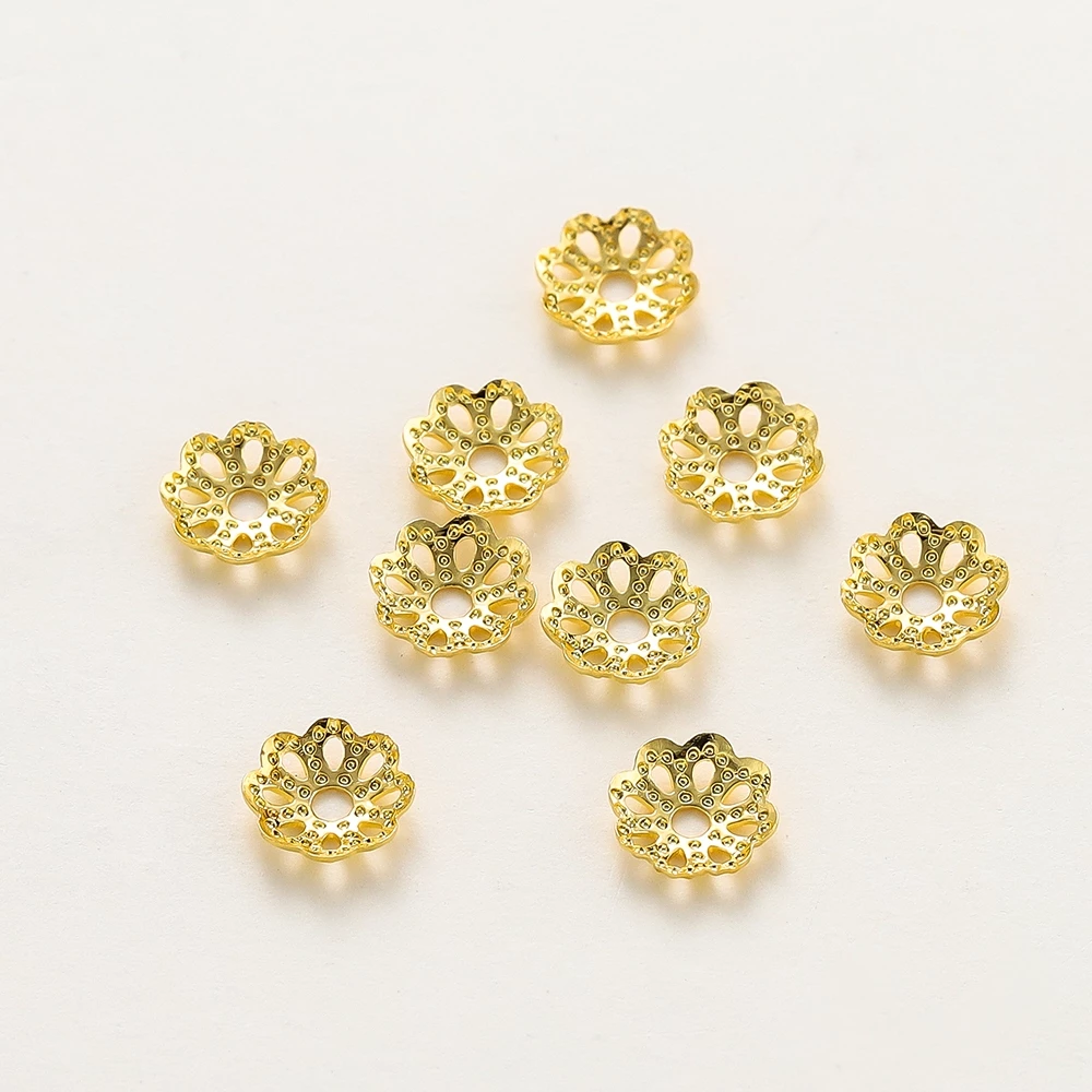 1-50ชิ้น 5-8mm ฝาครอบลูกปัดรูปดอกไม้ เคลือบทอง 18K หมวกครอบ สำหรับ DIY ทำสร้อยข้อมือ ไม่ลอก