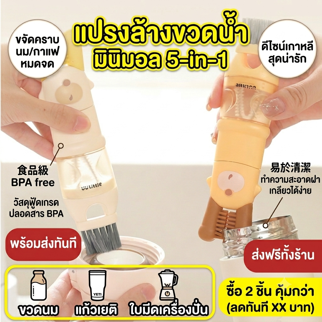 แปรงล้างขวดมินิมอล 5-in-1 แปรงล้างฝากระติกน้ำ แปรงทำความสะอาดอเนกประสงค์ ขจัดคราบซอกมุม สำหรับขวดนมและแก้วเยติ