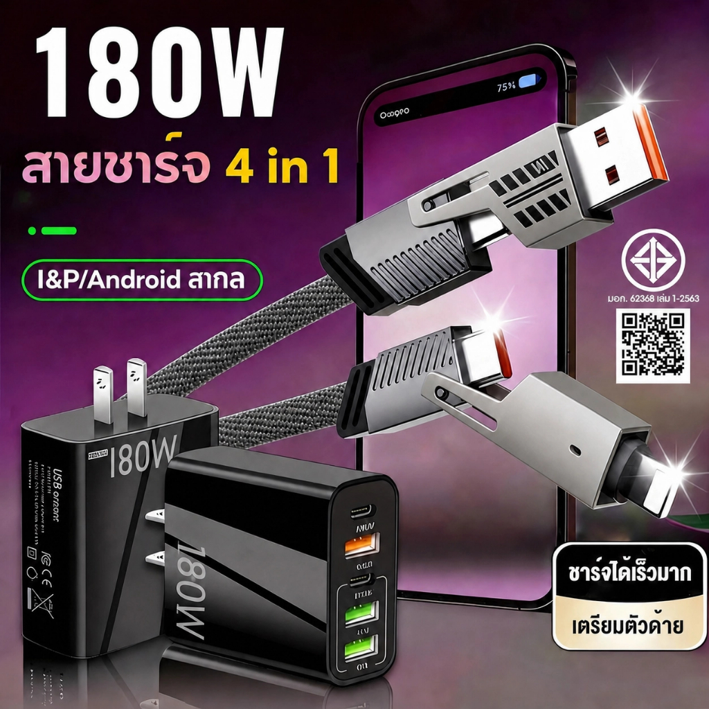 สายชาร์จ 4in1 180W ไนล่อนถัก ชาร์จเร็ว Type-C/iOS สายชาร์จสำหรับ I&P หลายหัว