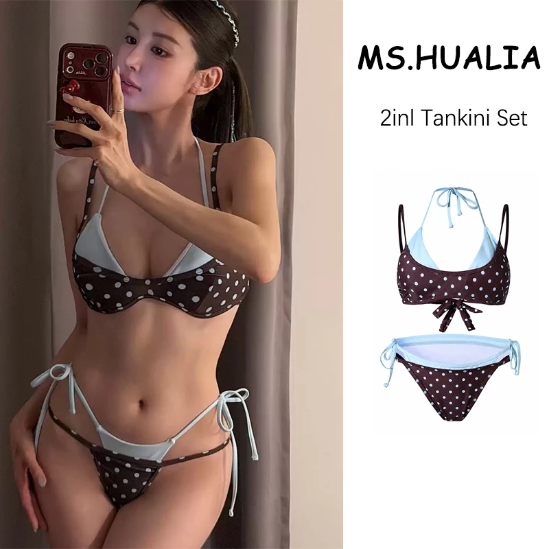 MS.HUALIA 2in1 บิกินี่ Macaron Dot บิกินี่ (สองชั้น) bikini บิกินี่ ชุดว่ายน้ำแฟชั่น ชุดว่ายน้ำผู้หญิง าวันหยุดชายหาดระดับไฮเอนด์ เหมาะสำหรับวันหยุดชายหาดและปาร์ตี้สระน้ําชุดว่ายน้ําวันหยุดชายหาดน้ําพุร้อนสําหรับผู้หญิง
