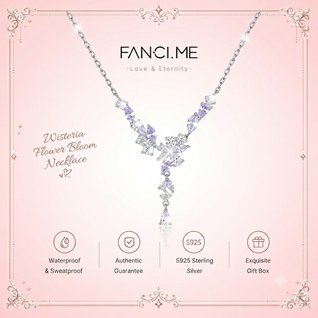 FANCIME Delicate Wisteria Bloom สร้อยคอเงินผู้หญิง Layered Collarbone จี้สําหรับวันวาเลนไทน์ของขวัญวันปีใหม่ของขวัญวันเกิดสําหรับ HerWistera ดอกไม้ Series