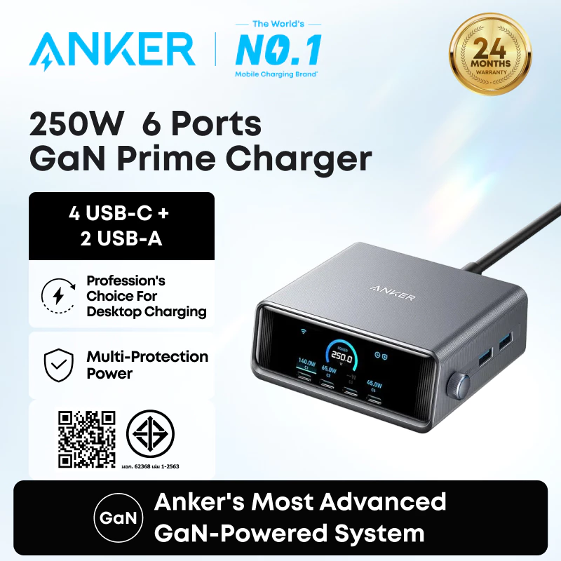 ANKER Prime Charger|250W/200W 6-Ports Charger| GaN Prime USB-C Charging Station|2.26" LCD Smart Display Control|For iPhone 17/16/15|For MacBook, Dell for Home Office, Desk Accessories