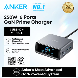 ANKER Prime Charger｜250W/200W 6-Ports Charger｜ GaN Prime USB-C Charging Station｜2.26" LCD Smart Display Control｜For iPhone 17/16/15｜For MacBook, Dell for Home Office, Desk Accessories
