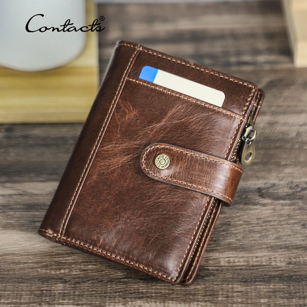 CONTACT'Sกระเป๋าสตางค์หนังแท้สั้นสําหรับผู้ชายชั้นแรก หนังวัว เต็ม-เมล็ดพืช RFID-ล็อค เหรียญกระเป๋าธนบัตร รหัส ช่องเสียบการ์ด4ใบเสร็จรับเงินกระเป๋าแฟนของขวัญ
