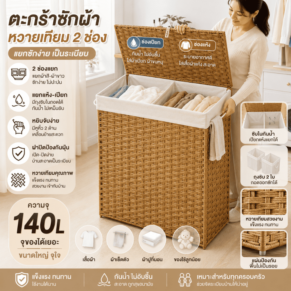 🔥เปลี่ยนฟรี🔥ตะกร้าซักผ้าหวายเทียม 140L ขนาดใหญ่ 2 ช่องแยกผ้าแห้งเปียก มีถุงซับถอดซักได้ หยิบง่าย เหมาะสำหรับคุณแม่และจัดเก็บของในบ้าน