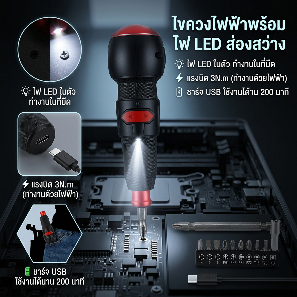 ไขควงไร้สาย ชุดไดร์เวอร์สกรูไฟฟ้าทรงพลัง ชุดไขควงแบบชาร์จไฟได้พร้อม Bits 9 ชิ้น, พอร์ตชาร์จ Type-C ไขควงไฟฟ้า