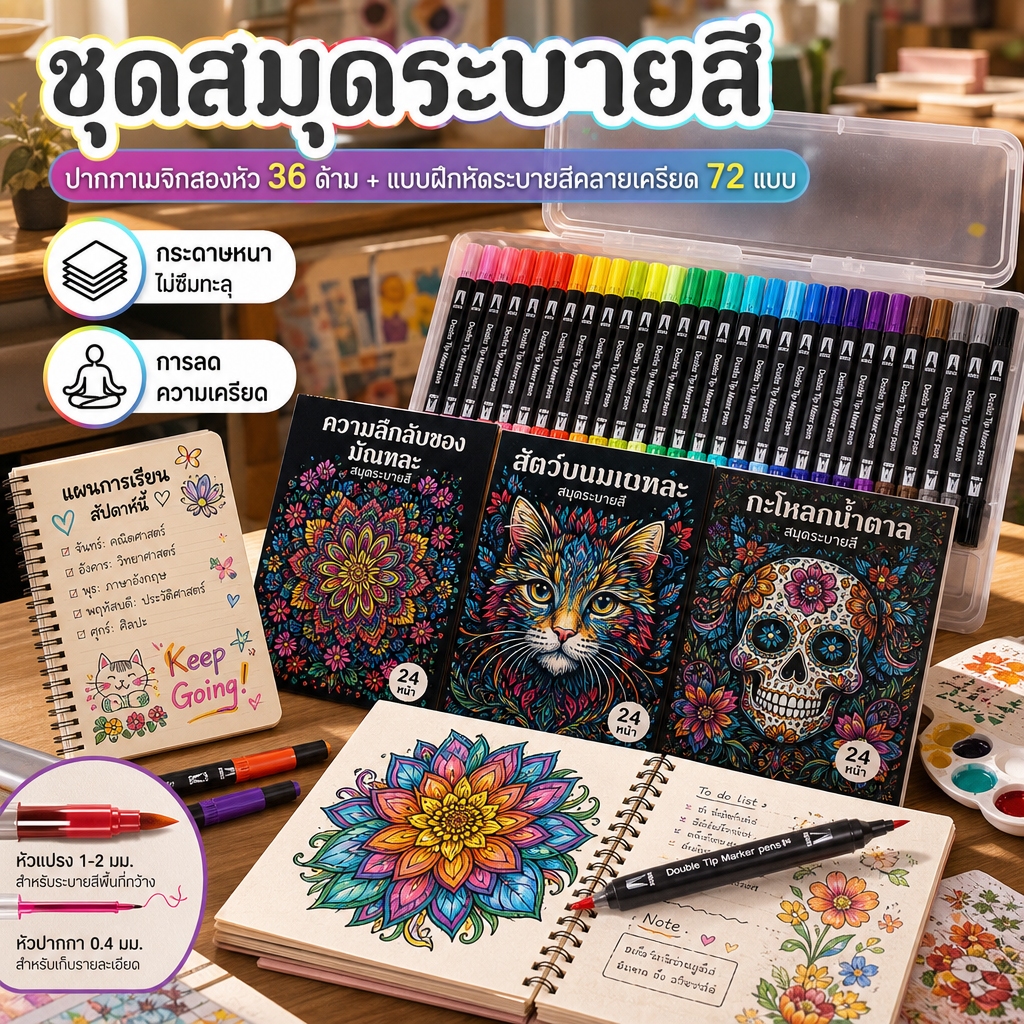 ชุดสมุดระบายสีผู้ใหญ่สมุดระบายสี มันดาลา แบบพกพาและชุดเครื่องหมายสําหรับผู้เริ่มต้น ร้านค้า สมุดระบายฝึกสมาธิ มนตรา-มันดารา ชุดกงจักรดอกบัว 72 ลาย ขาวสลับดำ กระดาษหนา เหมาะกับเมจิก/สีไม้