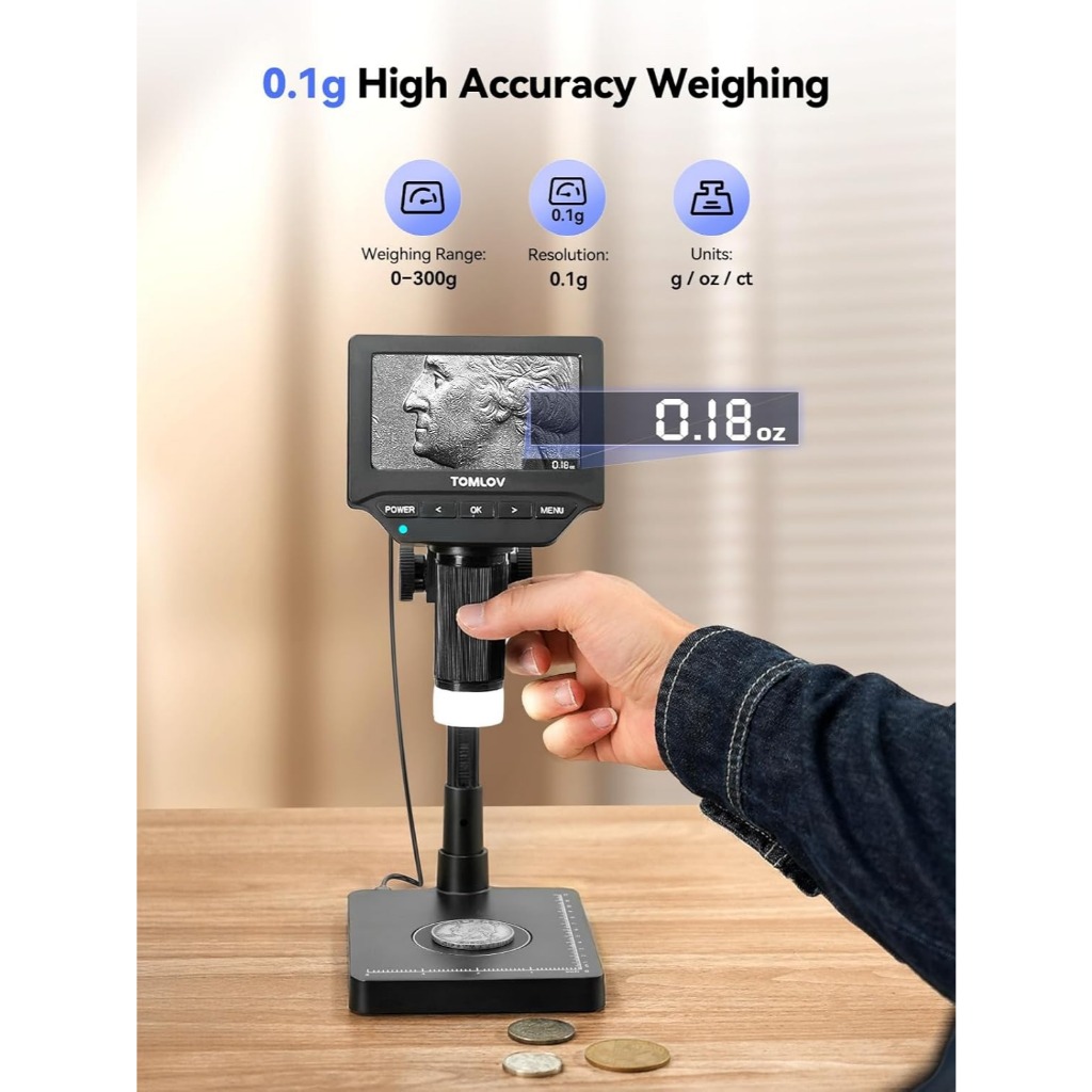 TOMLOV DM4W กล้องจุลทรรศน์ดิจิตอล 200X 4.3 "LCD Scale เหรียญกล้องจุลทรรศน์วิดีโอ/ภาพ