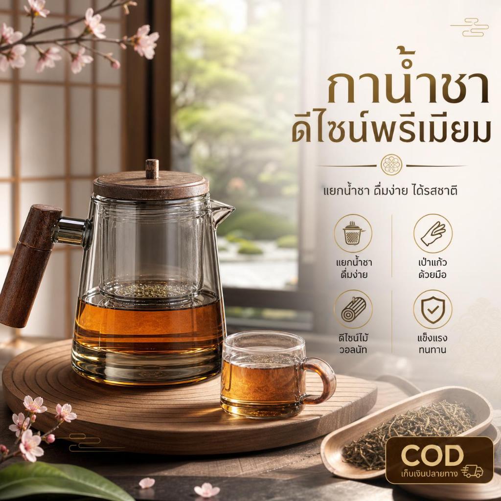 กาน้ำชาแก้วบอโรซิลิเกต ทนความร้อน แบบกดแยกกากชา ขนาด 650 มล