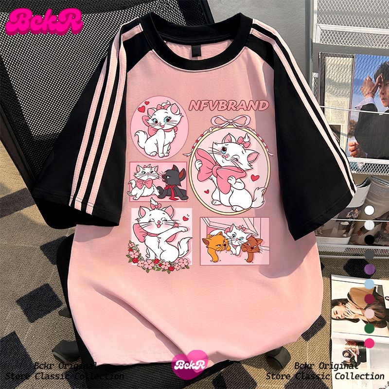【จัดส่งตลอด 24 ชั่วโมง】🔥BCKR ลายแมว ลายสามแถบ คอกลม เสื้อoversize🐱 ชุดหน้าร้อน ผู้หญิง tshirt YG6276