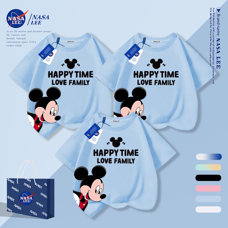 [กรุงเทพฯ จัดส่งภายในวันเดียว] นาซ่า สีฟ้าอ่อนผ้าฝ้ายระบายอากาศเสื้อยืดมิกกี้เมาส์การ์ตูนพ่อแม่และลูกสวมใส่หลวมสบายๆครอบครัวสามแขนสั้นแ