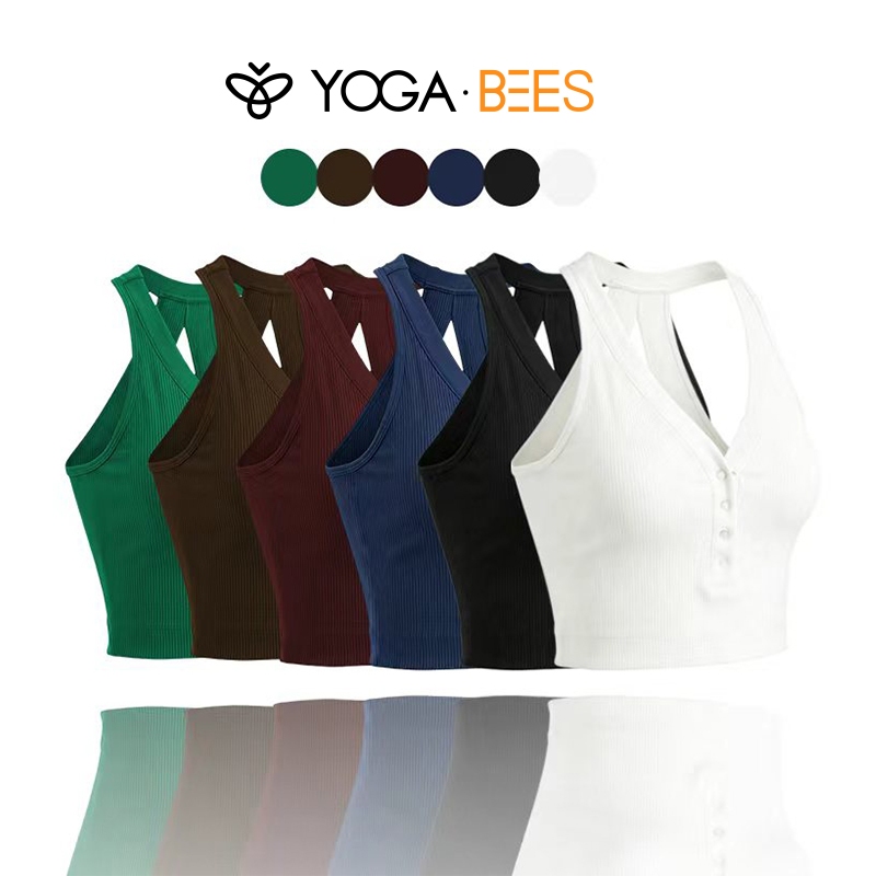 โยคะ BEES Halter คอ Ribbed Crop Tank Top ผู้หญิง V คอปุ่มรายละเอียดที่ถอดออกได้เบาะโยคะกีฬา Bra ไม่มีรอยต่อออกกําลังกาย Casual Camisole 6 สี