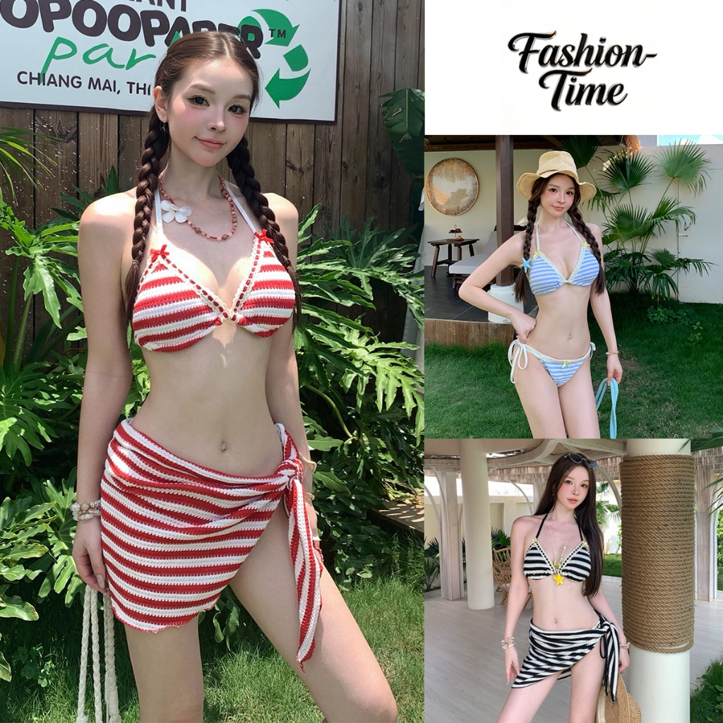 Fashion-Time บิกินี่ลายทางชุดสามชิ้นลูกไม้ตัดตกแต่งสุภาพสตรีชุดว่ายน้ําน้ําพุร้อนชายหาดเสื้อผ้า#248