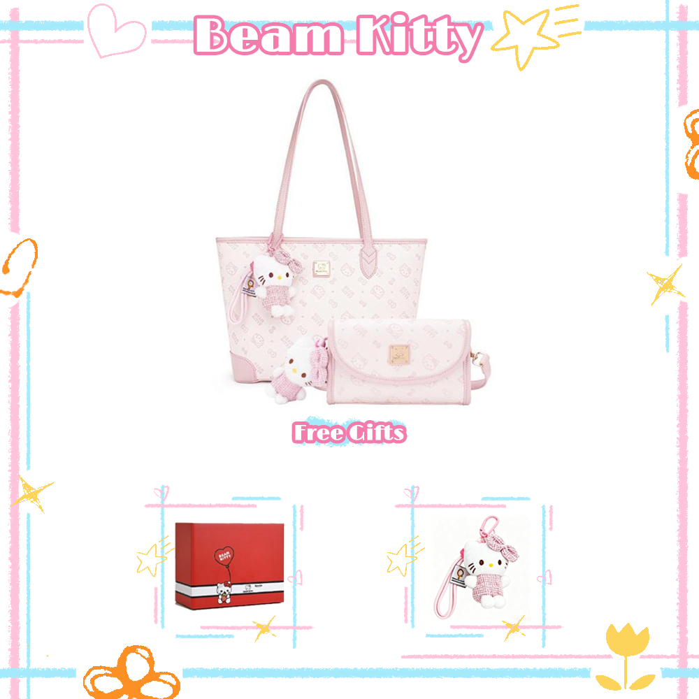 Beam Kitty ชุดกระเป๋าผ้าสีชมพูและขาว ขนาดใหญ่ จุของได้เยอะ เหมาะสำหรับทั้งโอกาสลำลองและทำงาน มาพร้อมพวงกุญแจตุ๊กตาผ้า
