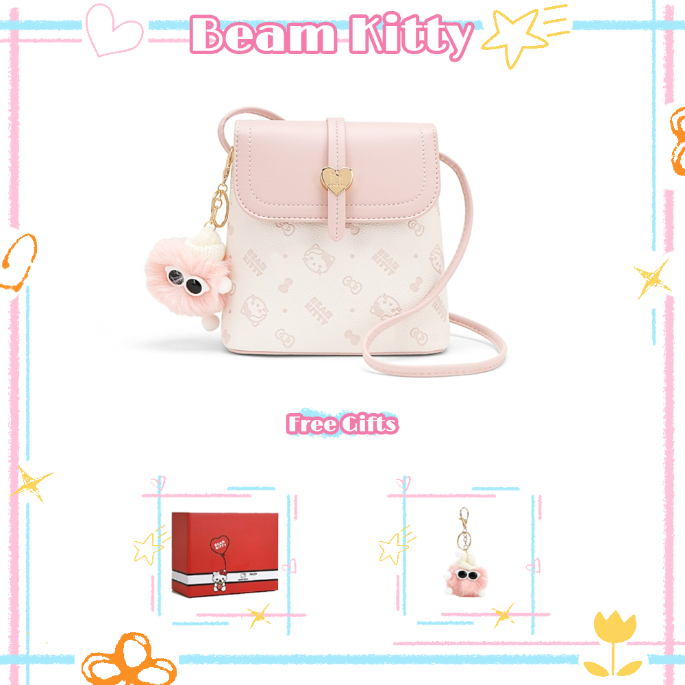 Beam Kitty กระเป๋าถือทรงถังสีสันสดใส เหมาะสำหรับฤดูใบไม้ผลิและฤดูร้อน กระเป๋าสะพายข้างน่ารัก มาพร้อมพวงกุญแจสุดน่ารัก