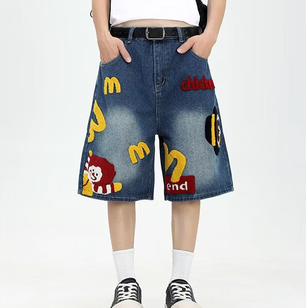 EERSHENSHI ฤดูร้อน American High Street Retro Fun ผ้าเช็ดตัวเย็บปักถักร้อยกางเกงขาสั้นผ้ายีนส์