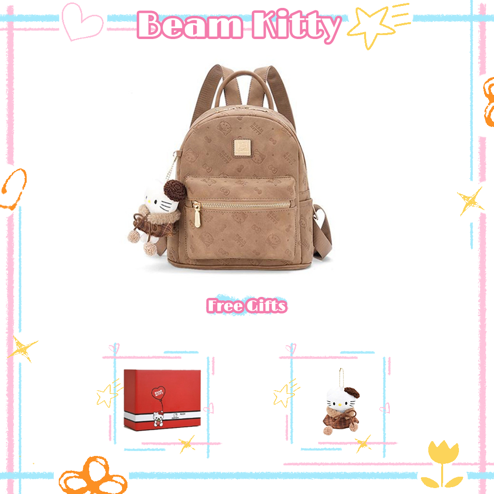 Beam Kitty กระเป๋าเป้สีน้ำตาลอ่อน พิมพ์ลายโลโก้แบรนด์สุดพิเศษ เหมาะสำหรับโอกาสต่างๆ มาพร้อมพวงกุญแจน่ารัก