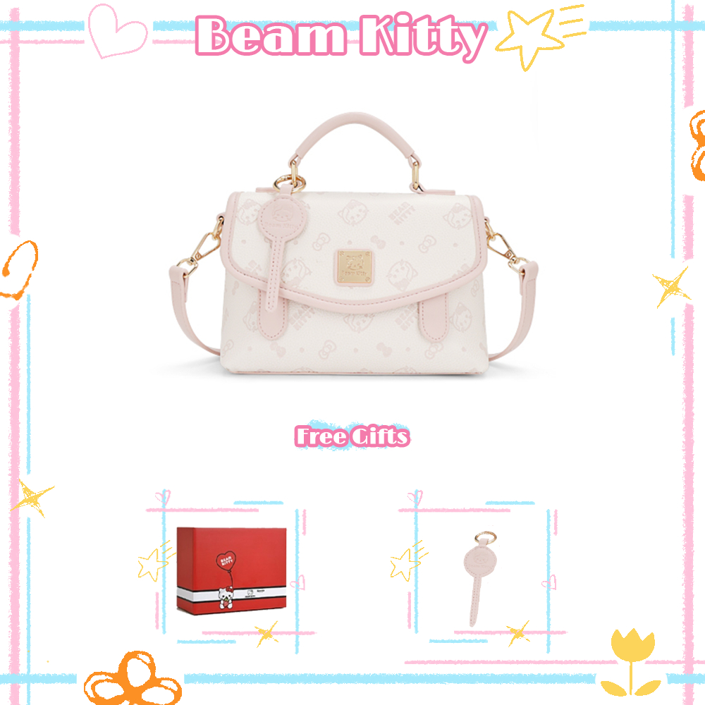 Beam Kitty กระเป๋าสะพายข้างทรงนักเรียน สไตล์เกาหลี สีขาวชมพู แมตช์ง่าย แถมฟรีพวงกุญแจตุ๊กตาขนฟู เหมาะสำหรับเป็นของขวัญ