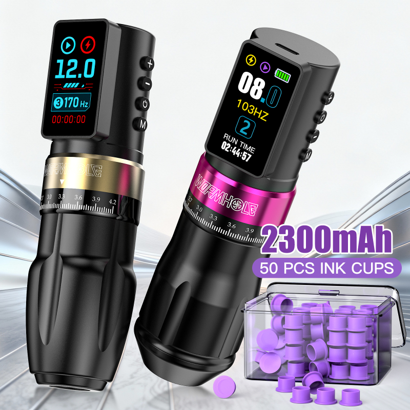 Wormhole 2300mAh เครื่องสักปากกาไร้สาย (พร้อมชุดถ้วยหมึก) | 2.4-4.2 มม. จังหวะปรับได้ 7 ระดับ | มอเต