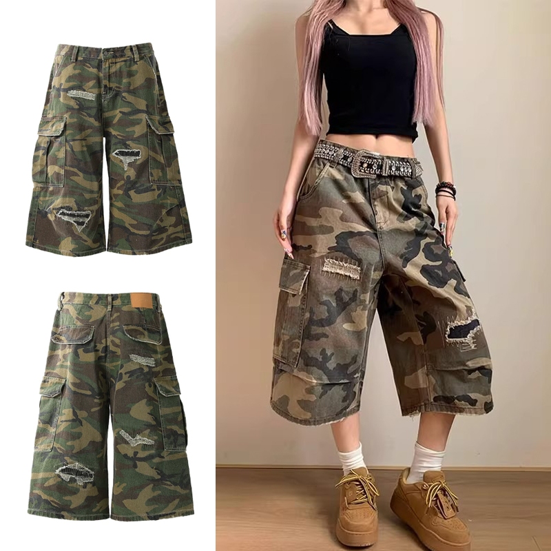 กางเกง cargo พรางเอวสูงทรงหลวมสไตล์สตรีท มีหลากหลายกระเป๋า