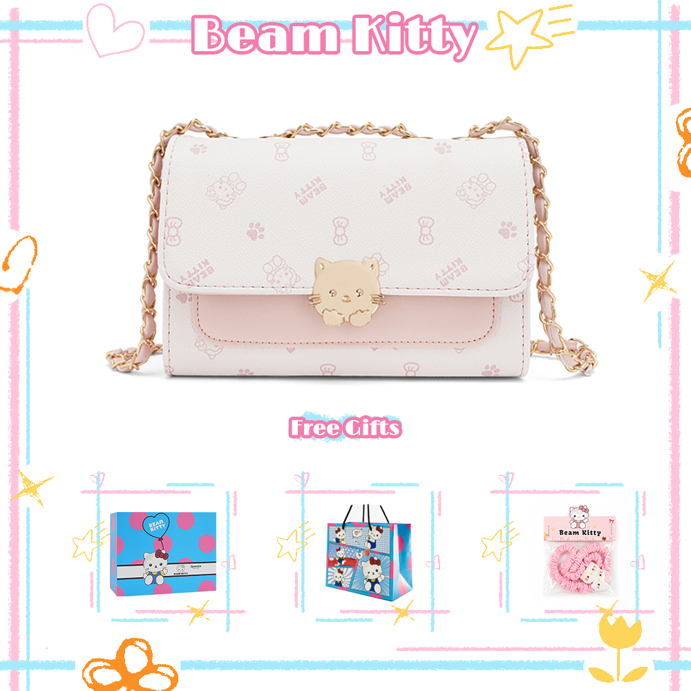 Beam Kitty กระเป๋าสะพายข้างลายแมว ดีไซน์สีชมพูและขาว สามารถสะพายไหล่หรือสะพายข้างก็ได้ เหมาะสำหรับใช้ในชีวิตประจำวัน