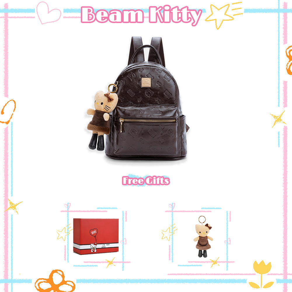 Beam Kitty กระเป๋าเป้สะพายหลังสไตล์เกาหลีเรโทร สีน้ำตาลกาแฟ พิมพ์ลายนูน สไตล์กระเป๋านักเรียน