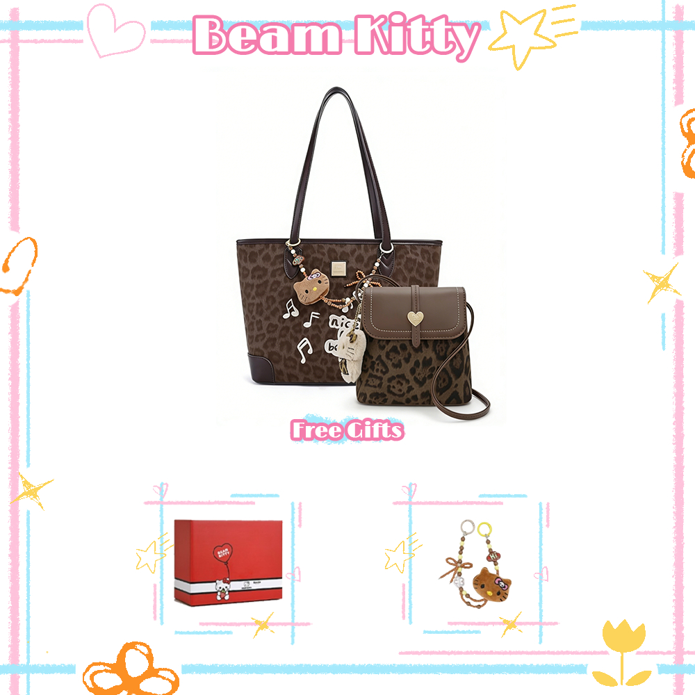 Beam Kitty ชุดกระเป๋าแม่ลูกลายเสือดาวสุดหรู สไตล์เรโทร กระเป๋าโท้ทขนาดใหญ่ ใช้งานได้หลากหลาย