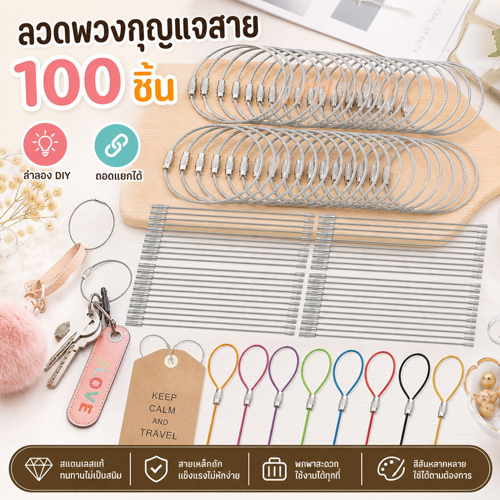 100/200 ชิ้น 5.9 นิ้วลวดพวงกุญแจสาย 0.059 นิ้วความหนายืดหยุ่นแหวนสายสําหรับกลางแจ้ง ร้านค้า วงสลิง พวงกุญแจ ลวดสลิง หมุนถอดได้ เคลือบสี วงกลมขนาด 5 ซม พวงกุญแจ พวงกุญแจลวดสลิง สแตนเลส สายเค