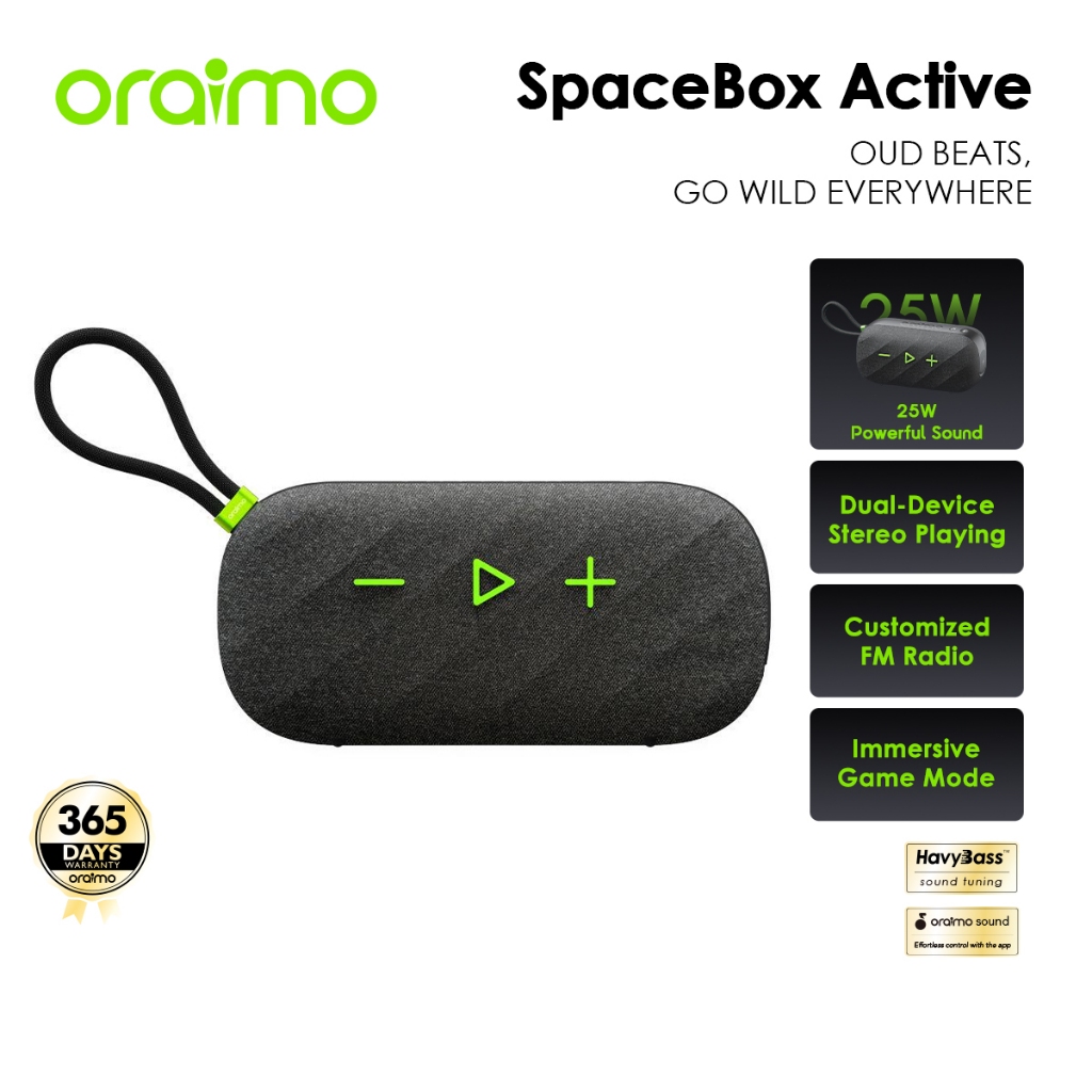 【NEW ARRIVAL】oraimo OBS-680  SpaceBox Active ลำโพงบลูทูธ 25W เสียงทรงพลัง ปรับเสียงได้ตามใจ สเตอรีโอสองอุปกรณ์ วิทยุ FM ปรับคลื่นได้ กันน้ำกันฝุ่น IP55 พกพาง่าย เหมาะกับแคมปิ้ง