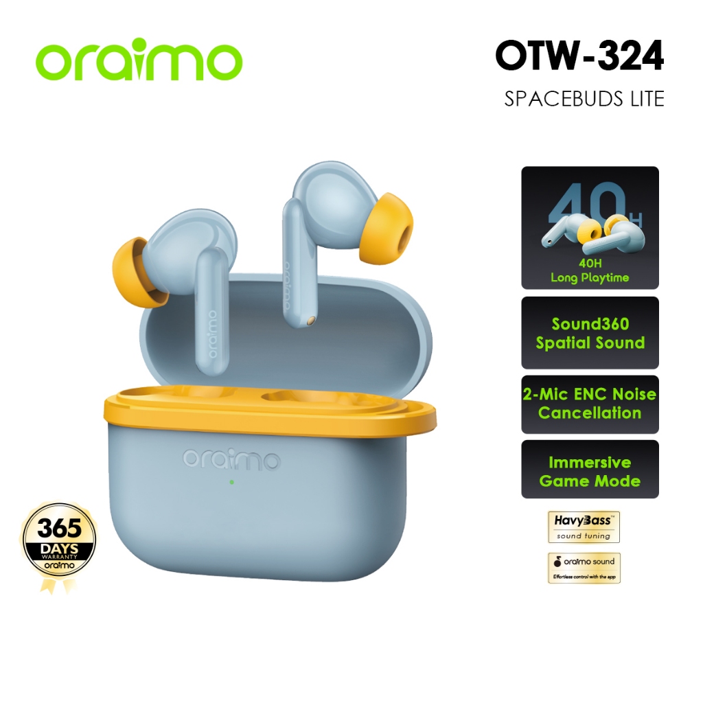 【New Arrival】oraimo SpaceBuds Lite OTW-324 หูฟังบลูทูธ  ฟังยาว 40 ชม. เสียงรอบทิศ 360° ค้นหาหูฟังง่าย ไมค์คู่ตัดเสียงรบกวน โหมดเกมเสียงไว กันน้ำ IPX4 สีสวยหลายแบบ