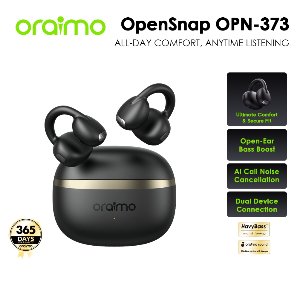 【New Arrival】oraimo OpenSnap OPN-373 หูฟังบลูทูธ แบบคลิปหนีบหู ใส่สบายมั่นคง เบาเพียง 5 กรัม เบสแน่น Open-Ear Bass Boost ENC ไมค์คู่คุยชัด โหมดเกมหน่วงต่ำ BT5.4 กันน้ำ IPX4 ใช้งาน 26 ชม. เชื่อมต่อ 2 อุปกรณ์ ควบคุมผ่านแอป oraimo sound
