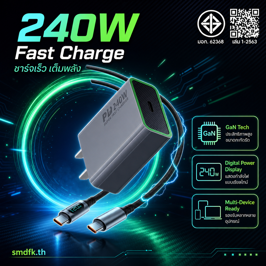 ที่ชาร์จเร็ว GaN 120W 240W จอแสดงผลดิจิตอล ชาร์จมือถือ แล็ปท็อป แท็บเล็ตได้หลายเครื่อง พกพาสะดวก ชาร์จไว อุณหภูมิต่ำ เหมาะเดินทางและใช้ที่บ้าน