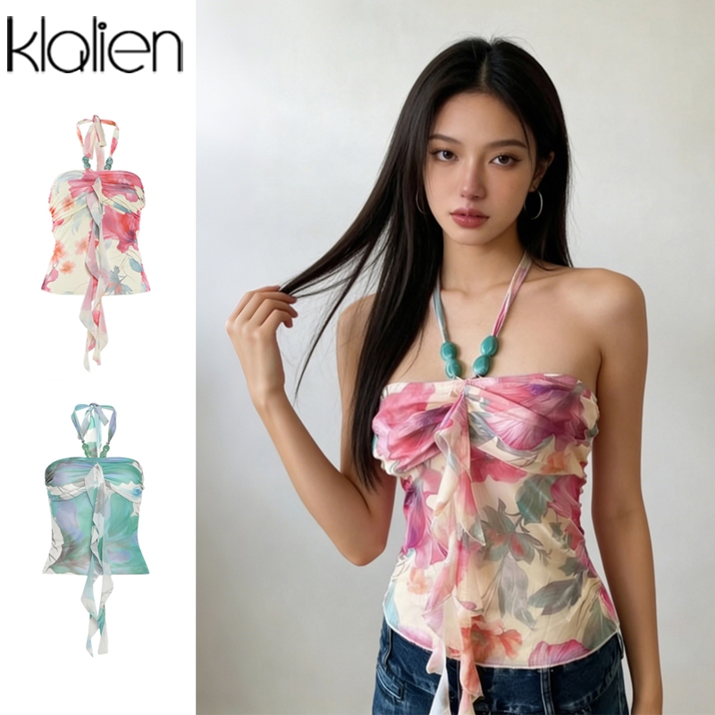 เสื้อครอปอ่อนเยาว์ของ Klalien Playful พร้อมดีไซน์กอดคอเชือกแขวนคอพิมพ์ลายย้อนยุคและกระชับสัดส่วน