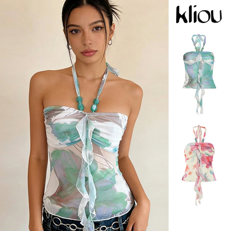 Kliou Crop Top ทรงฮาลเตอร์ สไตล์วัยรุ่น ดีไซน์พิมพ์ลายคลาสสิก กระชับสัดส่วน