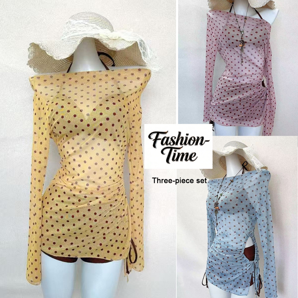 Fashion-Time เซ็ต3ชิ้น ชุดว่ายน้ำแขนยาว ชุดไปทะเล บรามีโครง ใส่แล้วผอม#KJS249