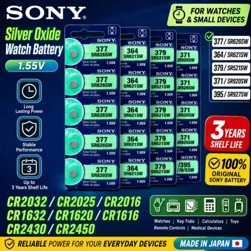 5ก้อน ถ่านกระดุม Sony SR626SW / 377 920SW / 371 927SW / 395 521SW / 379 416SW / 337 621SR / 364 516SW / 317 616SW / 312 721SW / 362 CR2032 / 2025/2016/1632/1620/1616/2430/2450/1220 muRata