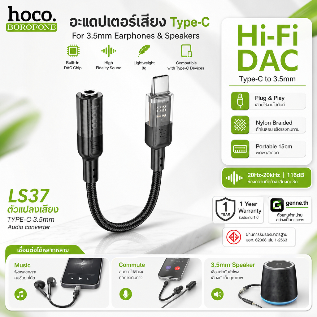 เสียง Hi-Fi DAC ชัดเจน สายแปลงเสียง Type-C to 3.5mm อะแดปเตอร์หูฟัง รองรับมือถือไม่มีรูหูฟัง สายถักทน พกพาง่าย genne.th